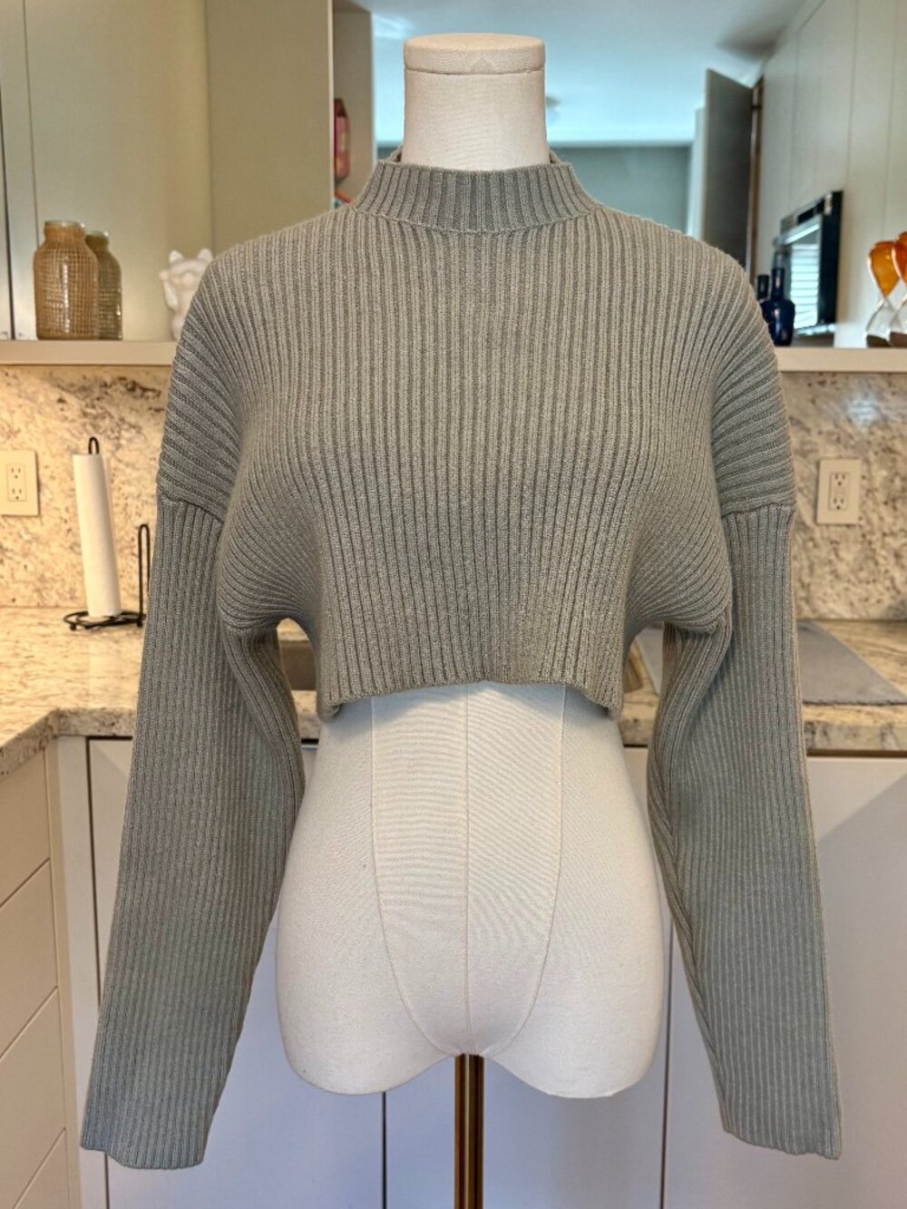 Mable Gray Viscose Blend Ribbed Knit Cropped Mock Neck Sweater S